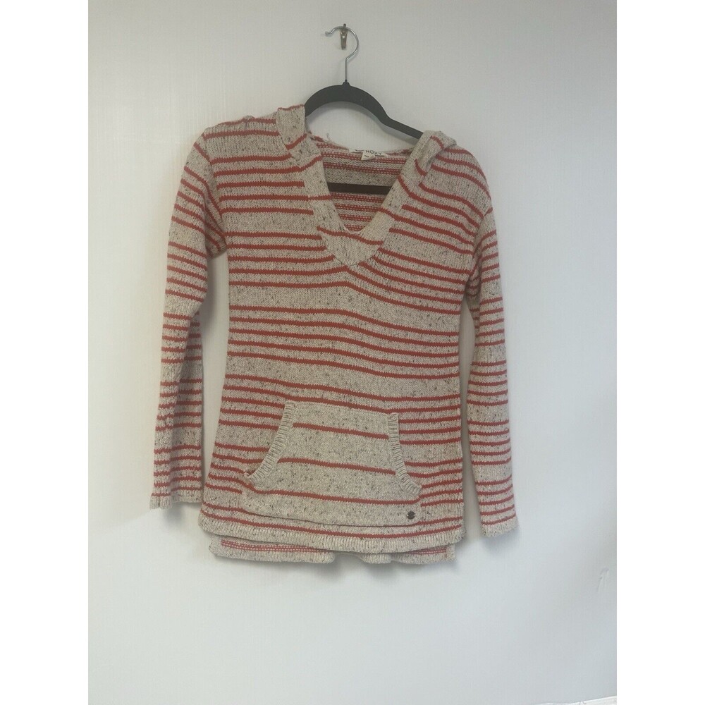 ROXY Cotton Red Ivory Stripe Hooded‎ Pocket V-Neck Long Sleeve Sweater XS